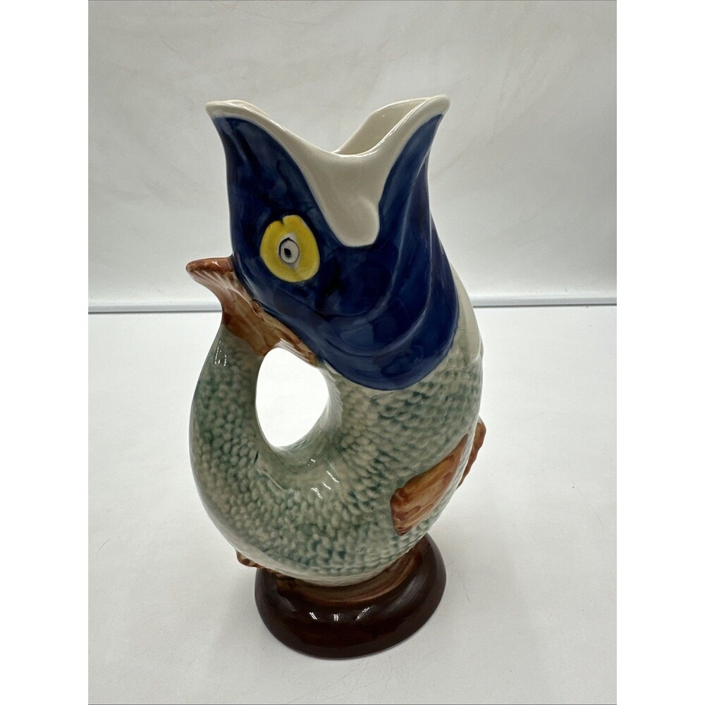 Secla Portugal Majolica Colorful Gluggle Jug Pitcher Gurgling Carp Fish 9" - Picture 3 of 8